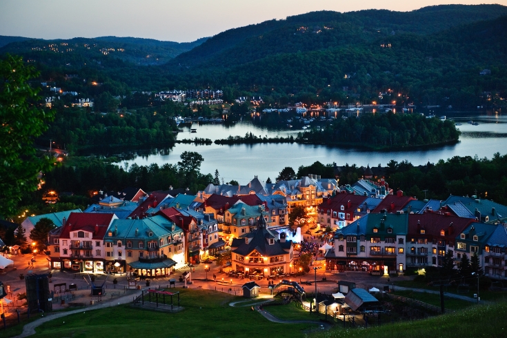 A shot from Mont Tremblant village at dusk as seen from a viewpoint, Quebec.