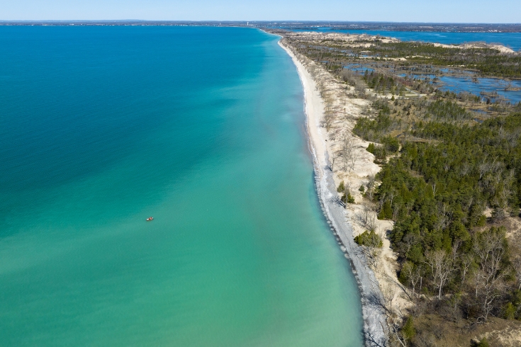 Aerial shot of Sandbanks Provincial Park in Prince Edward County, Ontario.