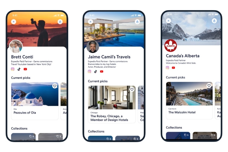 Three smartphones displaying Expedia's One-Click Trips feature.