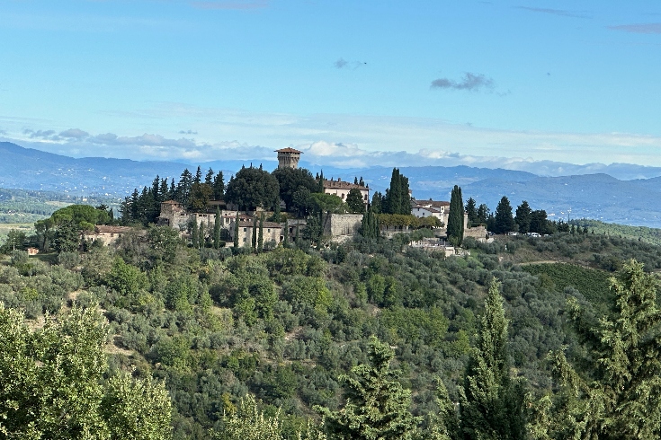 A view of the Tuscan countryside and vineyards with a castle on a hill.