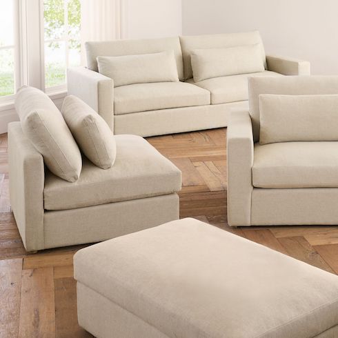 Cloud couch dupes feauting Westwood Square Arm Sectional from Pottery Barn with all its modules shown independently in a bright living room with white walls and wood floors