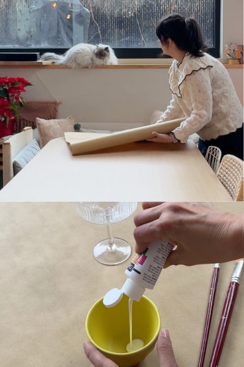kraft paper on table and acrylic paint