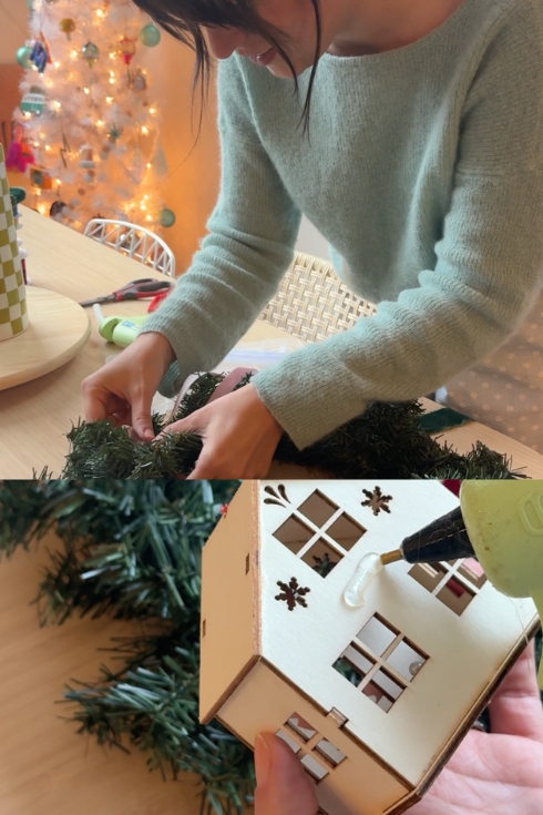 attaching bow to a faux garland 