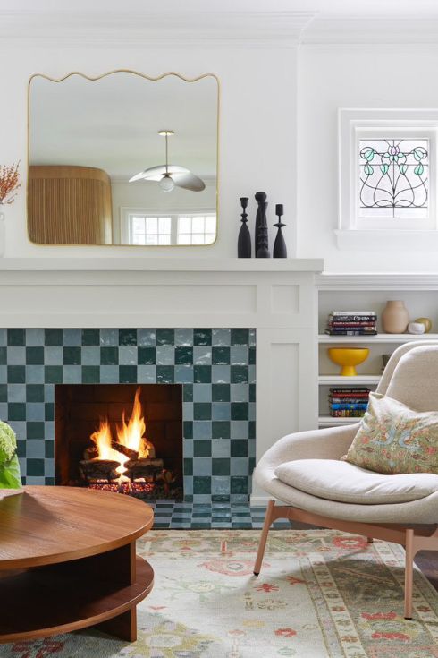 Checkered-tile fireplace