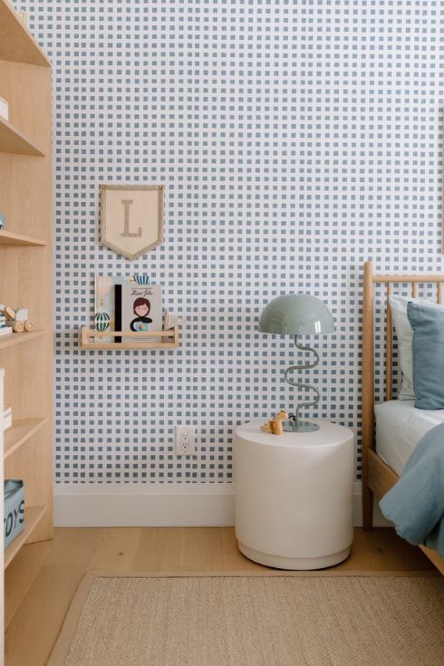 Kids room with plaid wallpaper