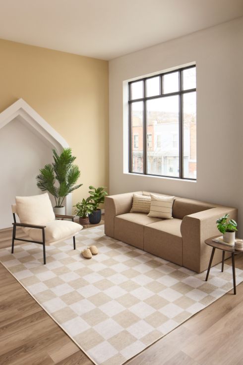 Checkered area rug in muted living room