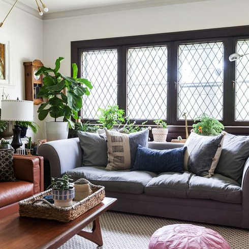 A stylish living room with plenty of green plants