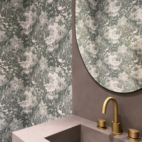 Powder room with peel and stick wallpaper