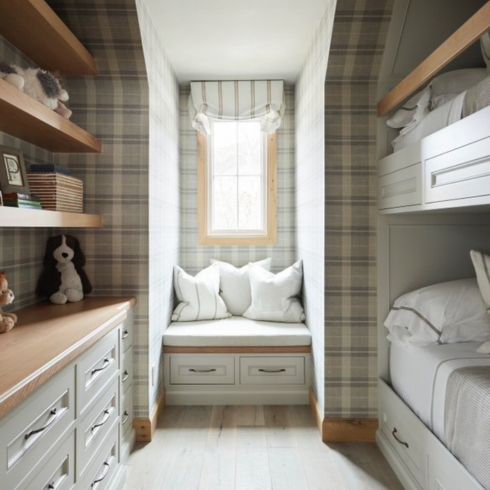 Bunkbed with muted plaid wallpaper