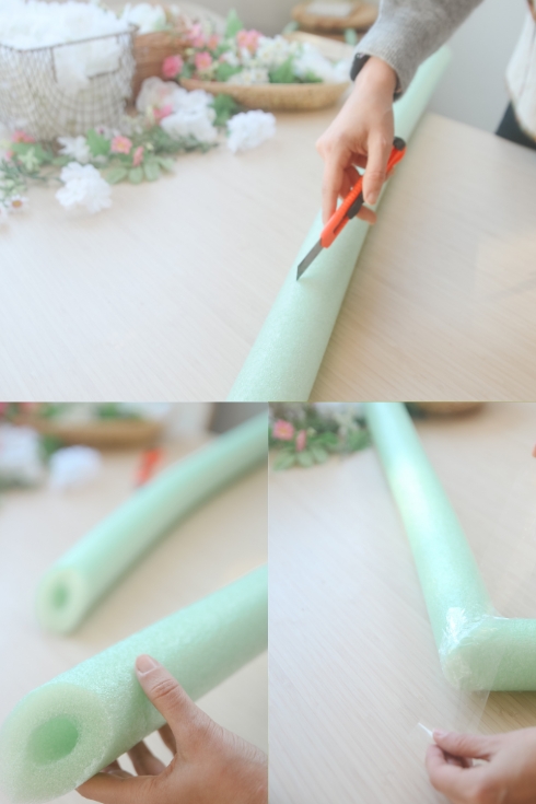 cutting pool noodles with an exacto knife