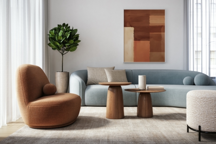 Living room interior design featuring blue, brown and beige colored furniture and wooden elements