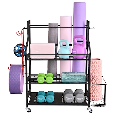 An assortment of colorful exercise equipment like weights, mats and kettle bells on a storage rack.