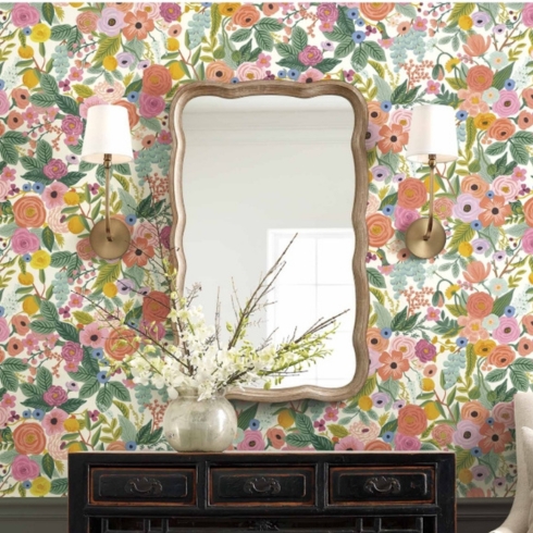 Floral peel-and-stick wallpaper in foyer