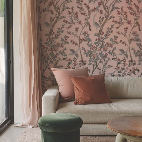 Pink wallpaper in living room