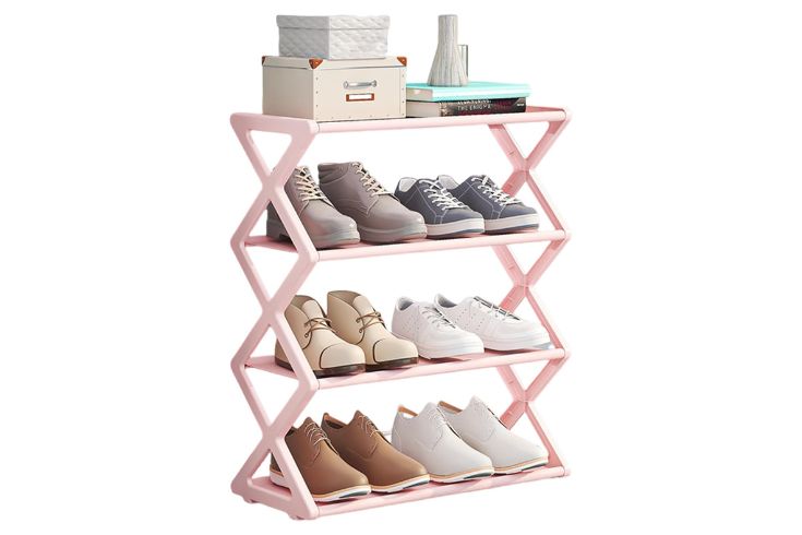 Shoes on a pink shoe rack
