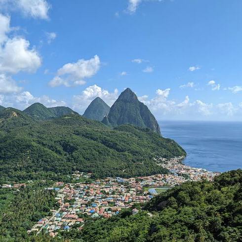 Aerial View of the Pitons, Soufriere, and the Caribbean Sea near Saint Lucia