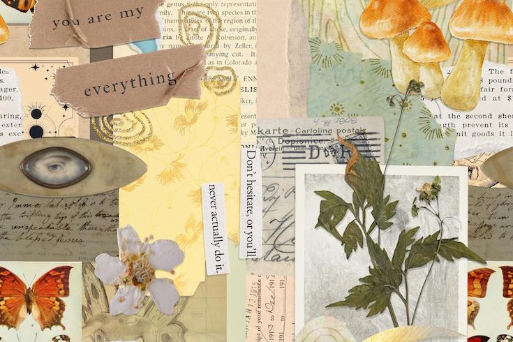 A multilayered collage with scrap paper, press flower and other memorabilia for a How to Start a Junk Journal post on Home Network