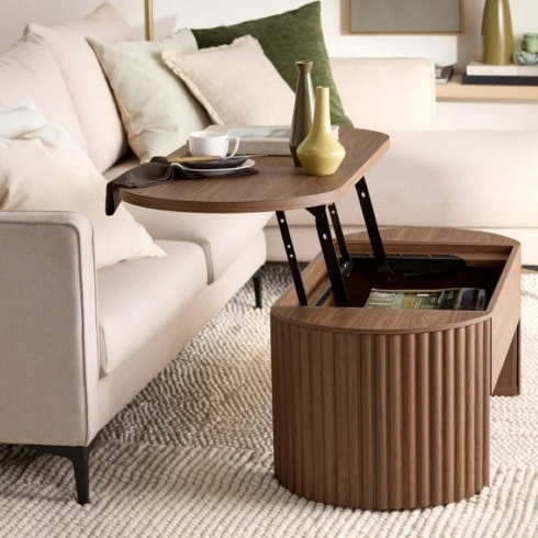 A walnut-coloured lift-top coffee table with paneling detail along the sides.