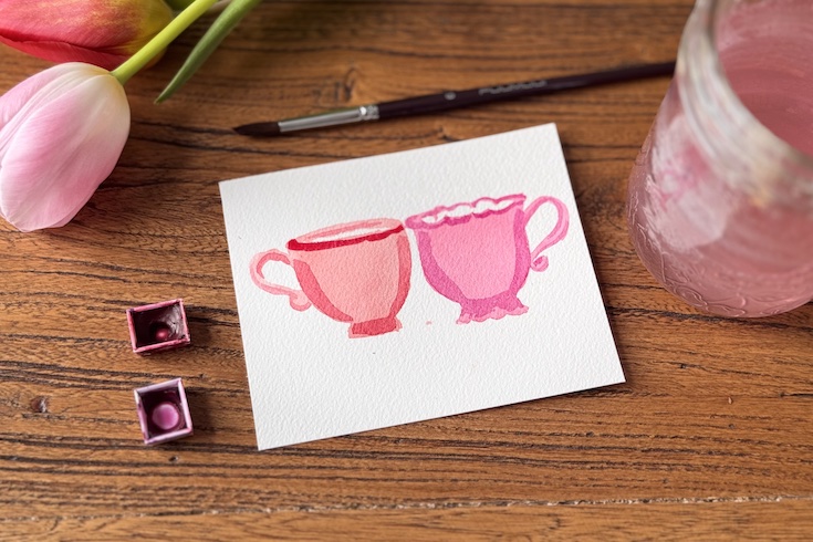 card with watercolour painted teacups with depth to base layer