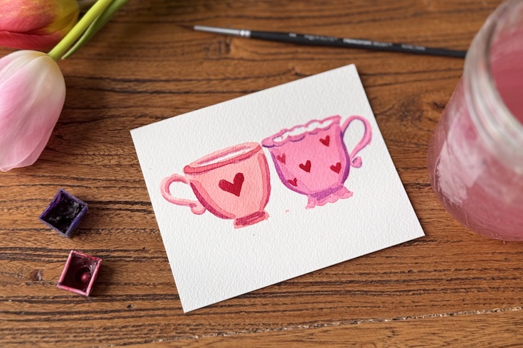 watercolour painted cups with red hearts