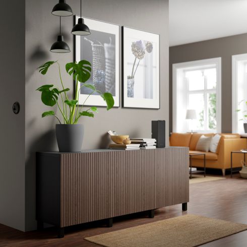 Walnut-toned sideboard in living room