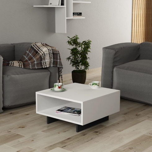 White, low square-shaped coffee table with an integrated shelf.