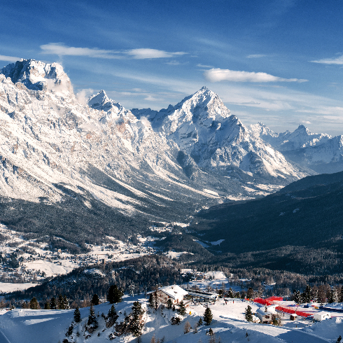 Skiiers at Cortina d'Ampezzo Ski Resort in Veneto, Italy's Dolomites.