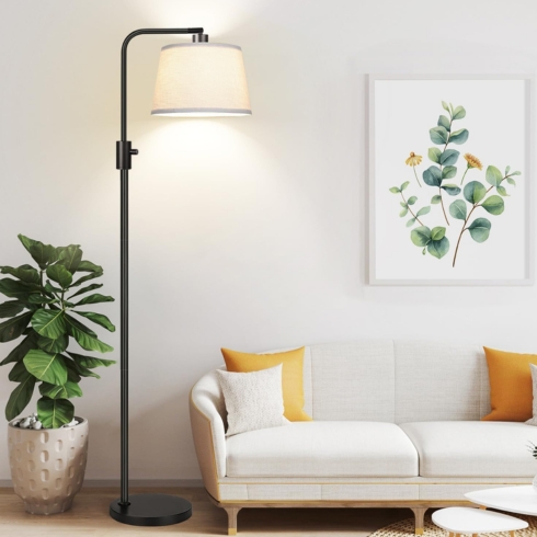 Dimmable floor lamp featured beside a white couch.