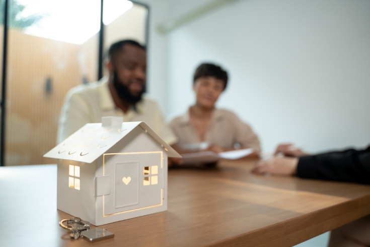 A white house model on the table with a couple in background.