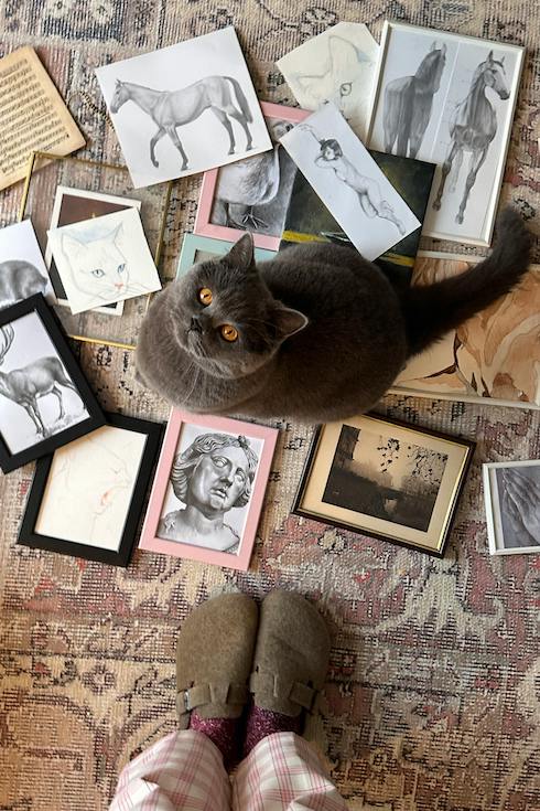 Cat Sitting Among Art Prints and Drawings on a Rug