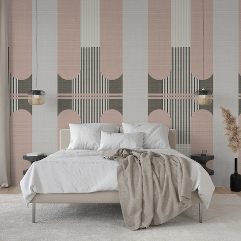 maison jiji light pink and grey wallpaper featured in a bedroom