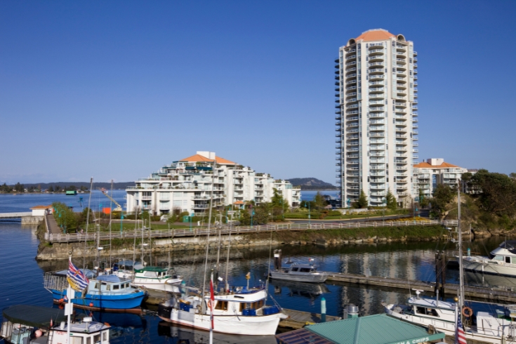 Waterfront luxury condominiums and Harbor in Downtown Nanaimo, British Columbia.