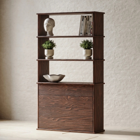 Bookshelf with drawers in walnut with sculpture, plants and books displayed.