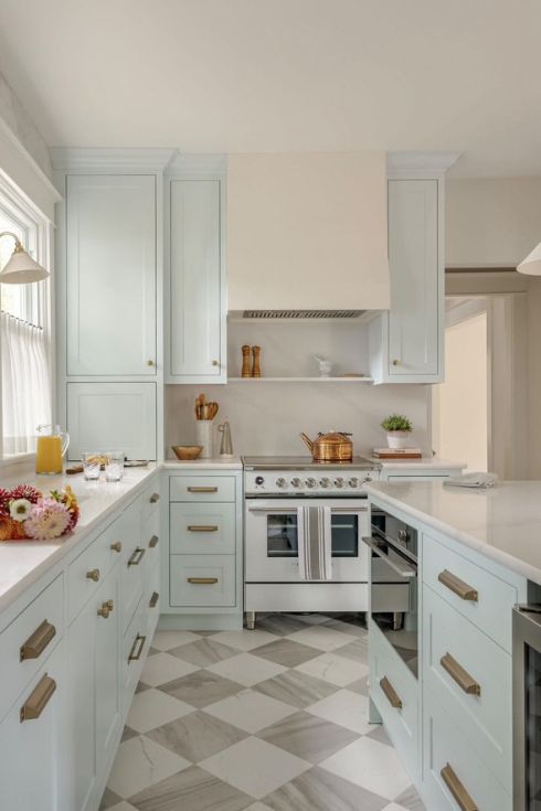 Icy blue kitchen cabinets