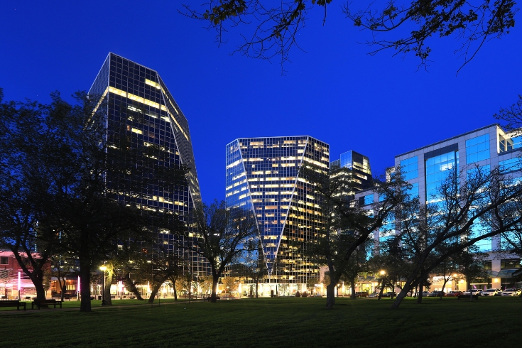 Buildings and a park at night in Regina, Saskatchewan.