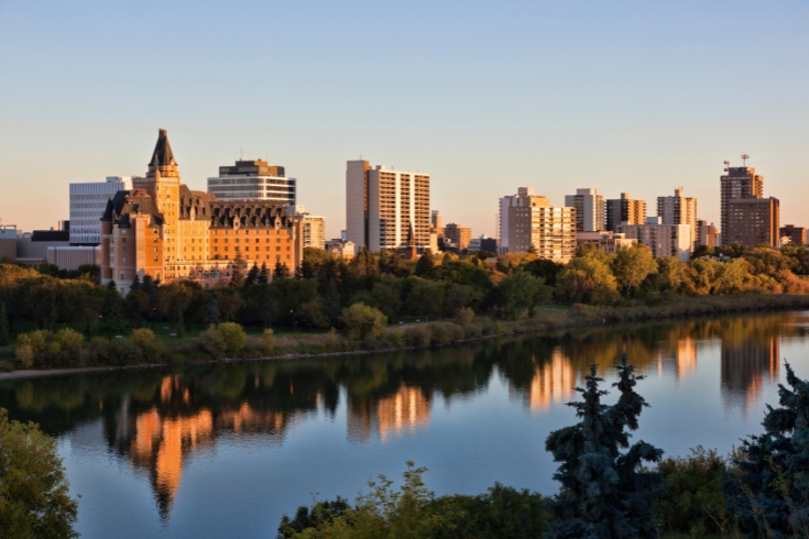 Early morning skyline and South Saskatchewan River in Saskatoon.