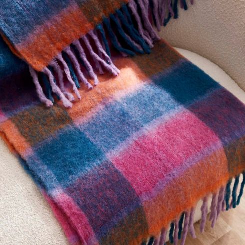 Blue, pink, orange plaid throw blanket