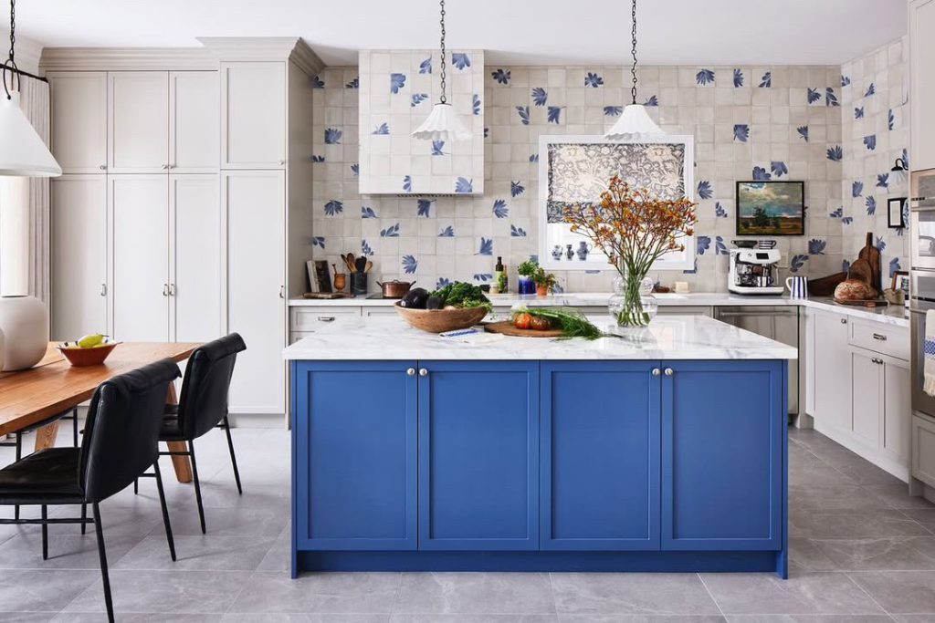 Blue island and fun tile in modern kitchen