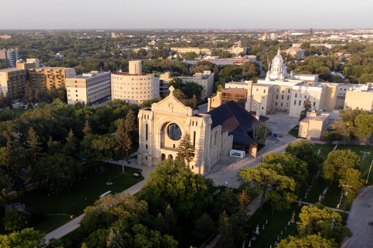 Aerial shot of St Boniface cathedral in Winnipeg at sunset.