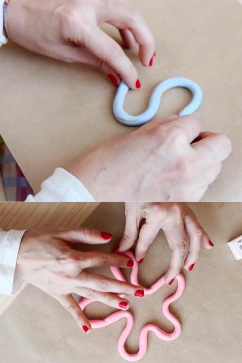 Making shapes with pink and blue polymer clay