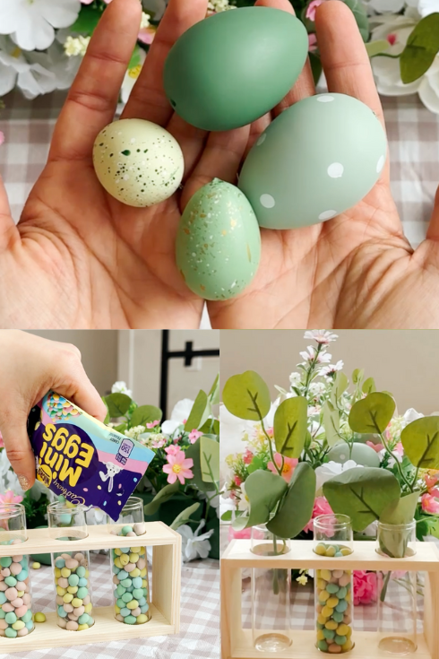 filling glass tubes with mini chocolates for easter