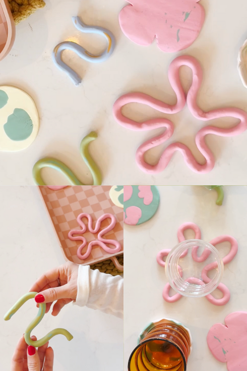Different colourful clay coasters and glasses