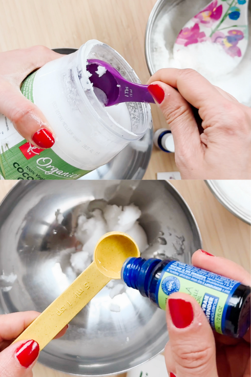 adding and mixing wet ingredients into a bowl to make bath bombs at home