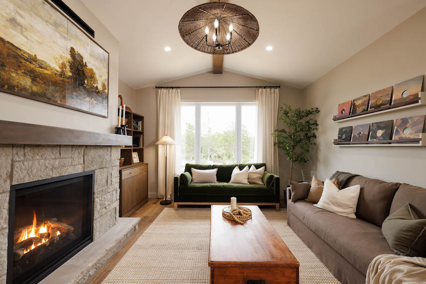 A frame living room with fireplace and seating
