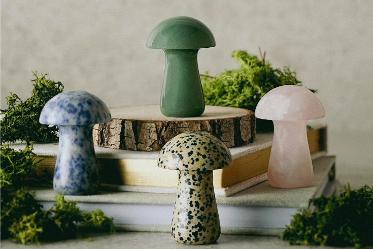 Artistic Arrangement of Crystal Mushrooms on Books.
