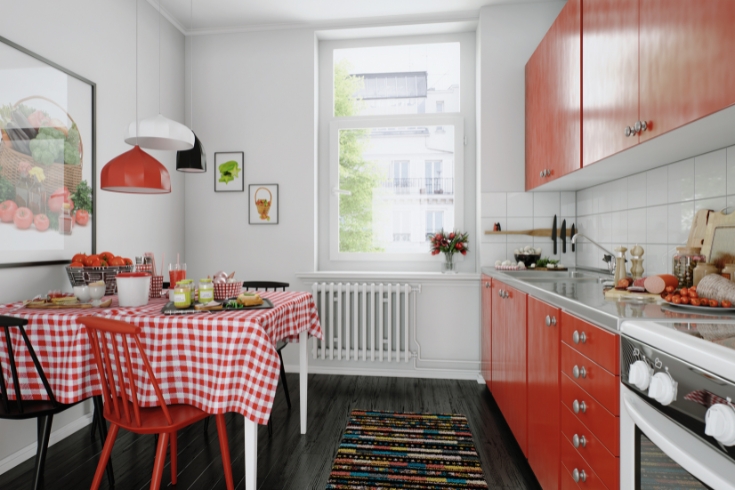 Bright and Charming Domestic Kitchen Interior with Red Accents and Classic Decor.