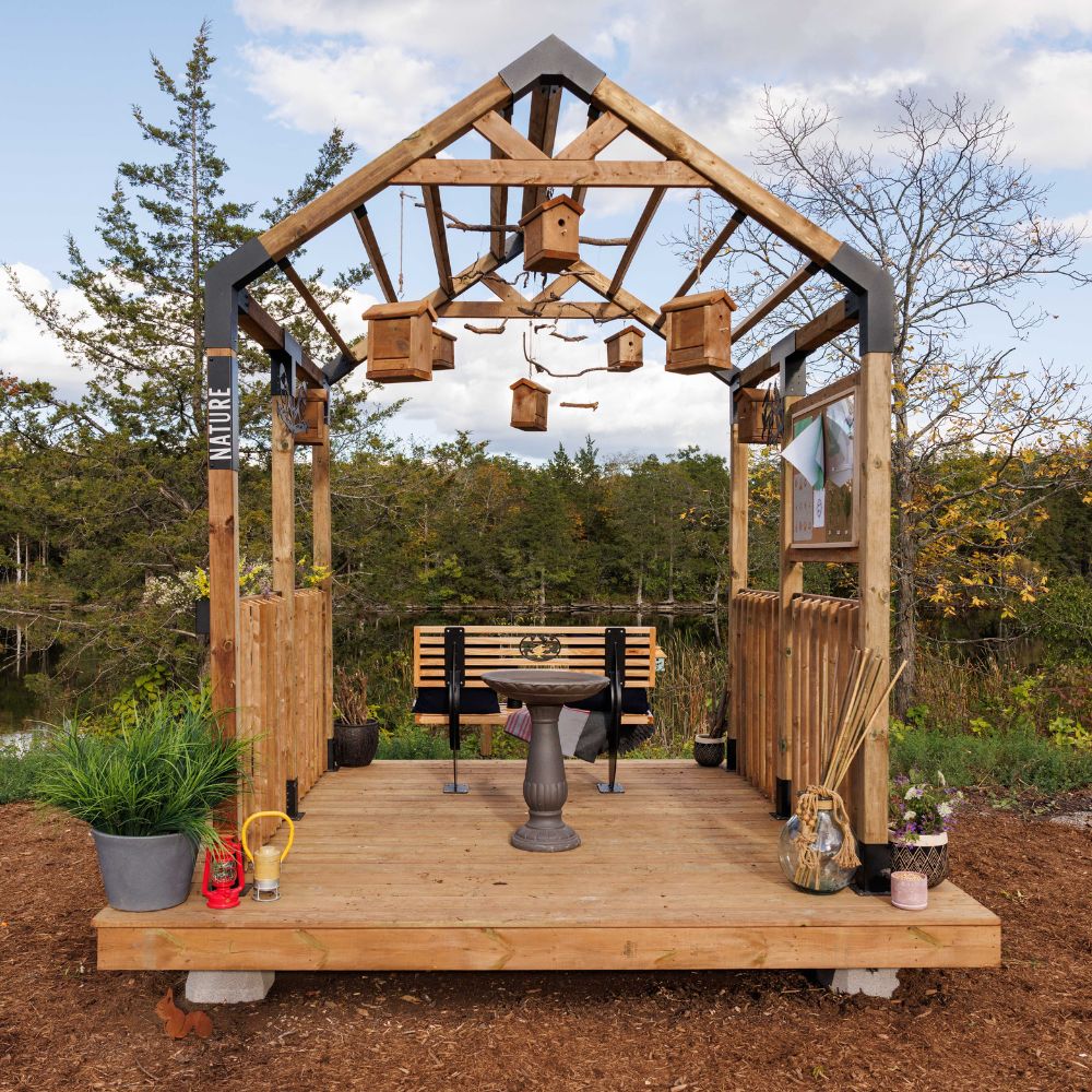 Wooden pavillion with bird houses