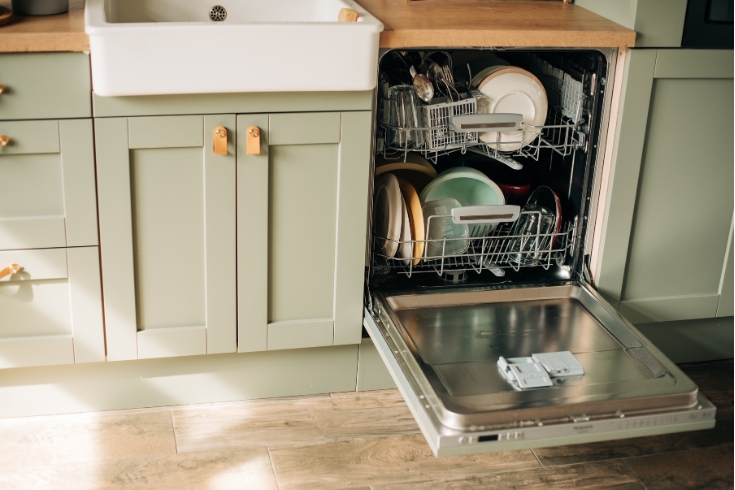 Open dishwasher with clean dishes in the white kitchen.