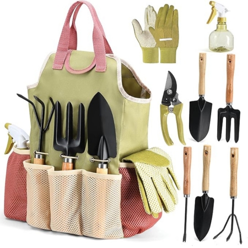 Chic Garden Tools Set Gardening Tools Set of 10 in a green and pink bag.