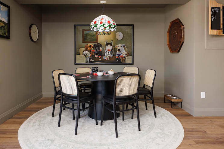 Custom poker table with carpet and dog painting